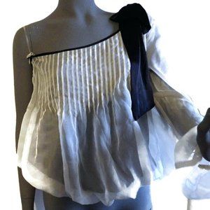 Romantic RYU Blouse One-Shoulder Anthropologie Sheer Cream over Black MED